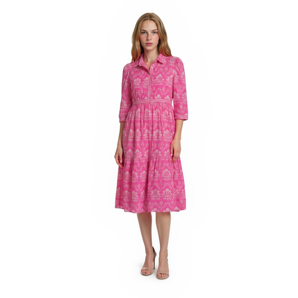 Sohana Pink 100% Cotton Midi Shirt Dress Women's Size Small Damask Floral Button
